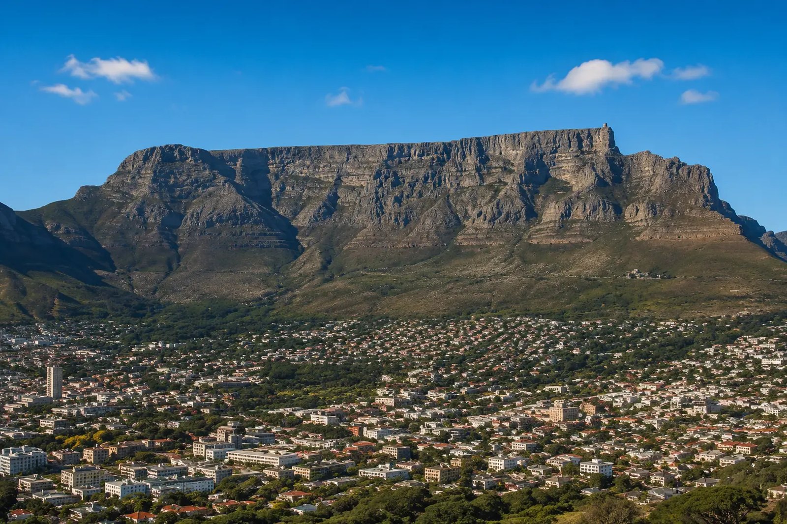 Table Mountain towering over Cape Town city bowl on a clear sunny day